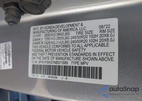 2022 Honda Pilot Awd Sport из США, поврежденный, VIN 5FNYF6H37NB071689